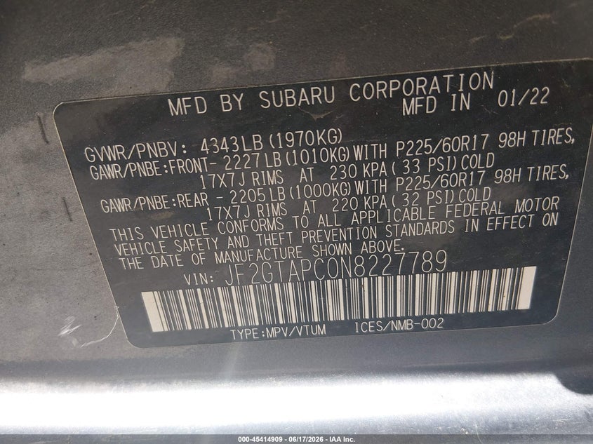2022 Subaru VIN JF2GTAPC0N8227789 IAAI salvage auction — RIGHT FRONT, Clear (Colorado), sold $4,850 on 2026-07-31 (photo 9)