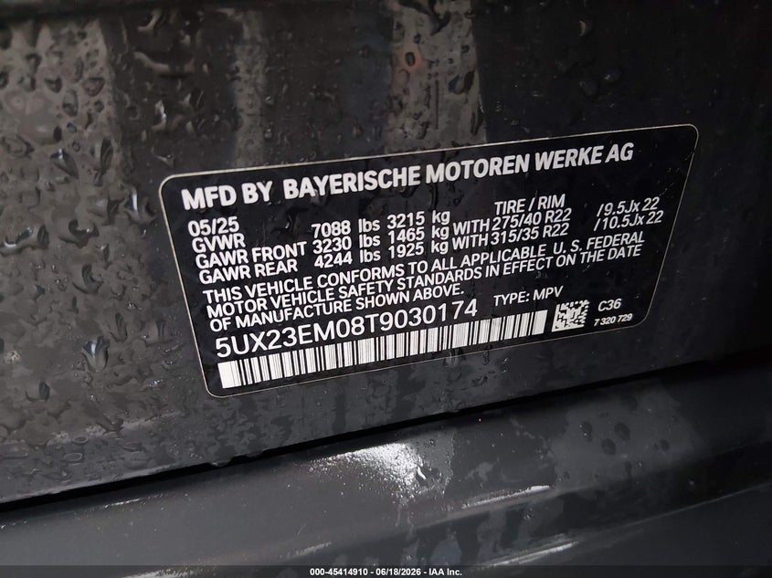2026 BMW X7 VIN 5UX23EM08T9030174 IAAI salvage auction — LEFT FRONT, Salvage Title, sold $19,900 on 2026-07-24 (photo 9)