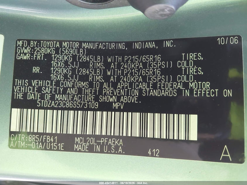 2006 Toyota Sienna VIN 5TDZA23C86S573109 IAAI salvage auction — FRONT END, Salvage (Texas), sold $725 on 2026-07-20 (photo 9)