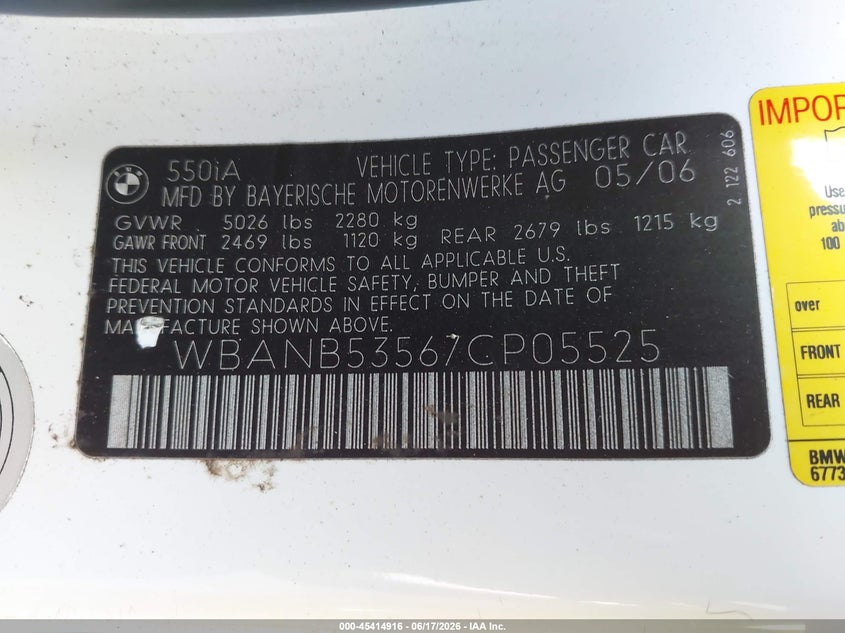 2007 BMW 5 series VIN WBANB53567CP05525 IAAI salvage auction — NORMAL WEAR, Clear - Dealer Only (California), sold $525 on 2026-07-20 (photo 9)
