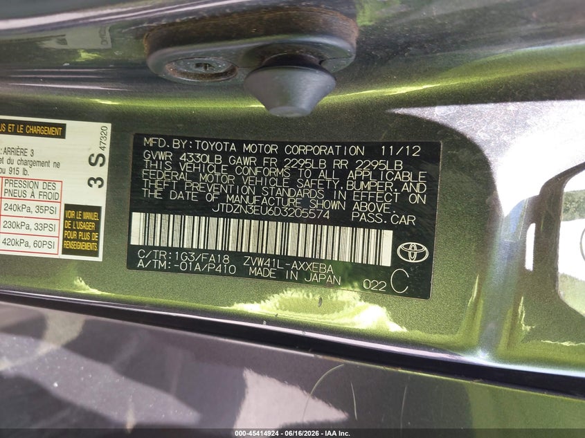 2013 Toyota Prius v VIN JTDZN3EU6D3205574 IAAI salvage auction — NORMAL WEAR, Clear (Hawaii), sold $875 on 2026-07-28 (photo 9)