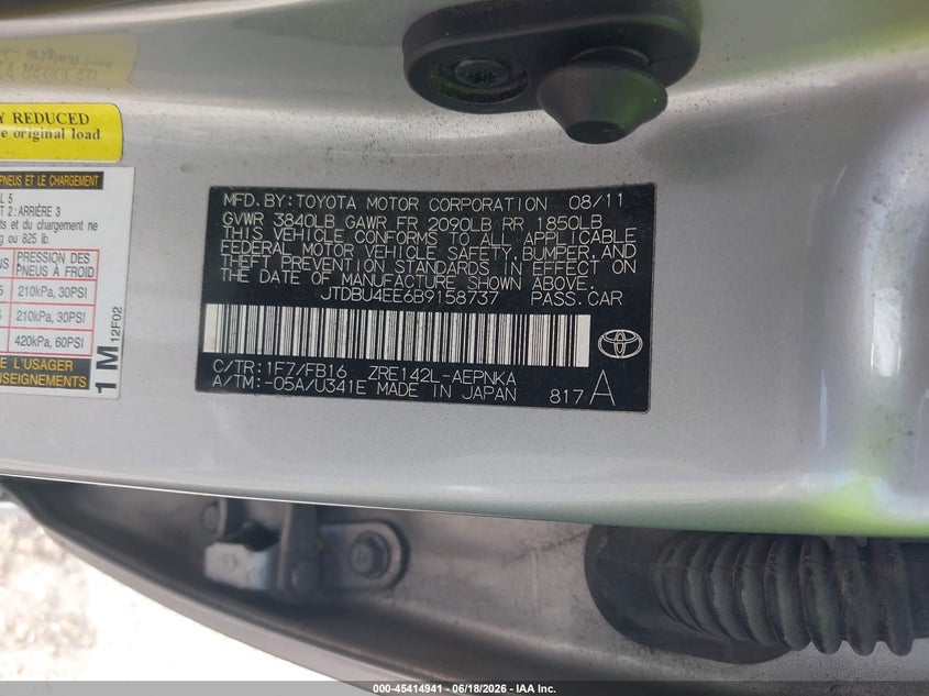 2011 Toyota Corolla VIN JTDBU4EE6B9158737 IAAI salvage auction — NORMAL WEAR, Original (Texas), sold $1,500 on 2026-07-15 (photo 9)