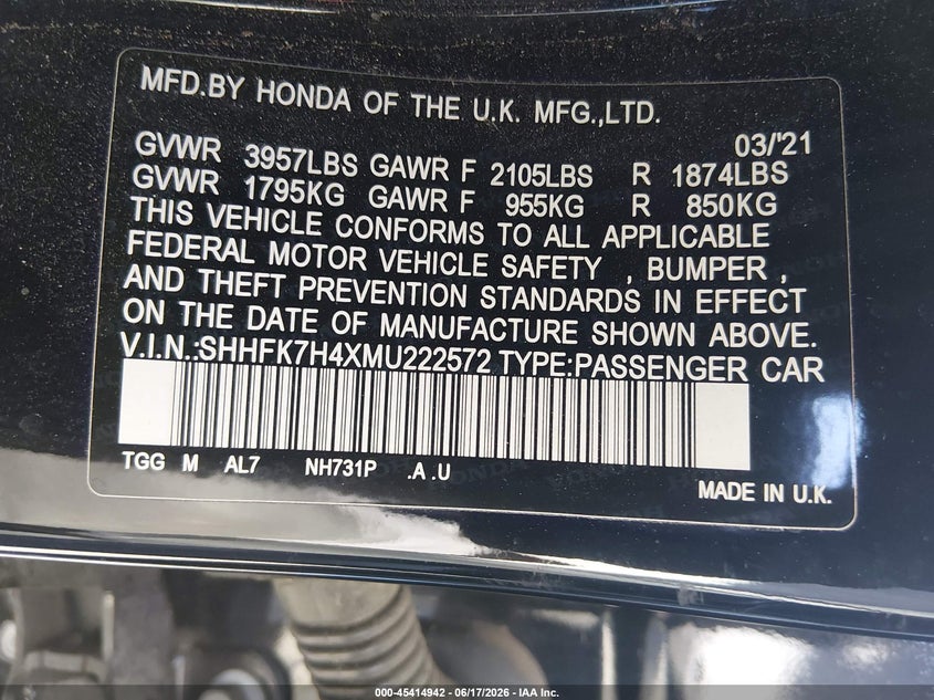 2021 Honda Civic VIN SHHFK7H4XMU222572 IAAI salvage auction — FRONT END, Salvage Title, sold $4,150 on 2026-07-20 (photo 9)