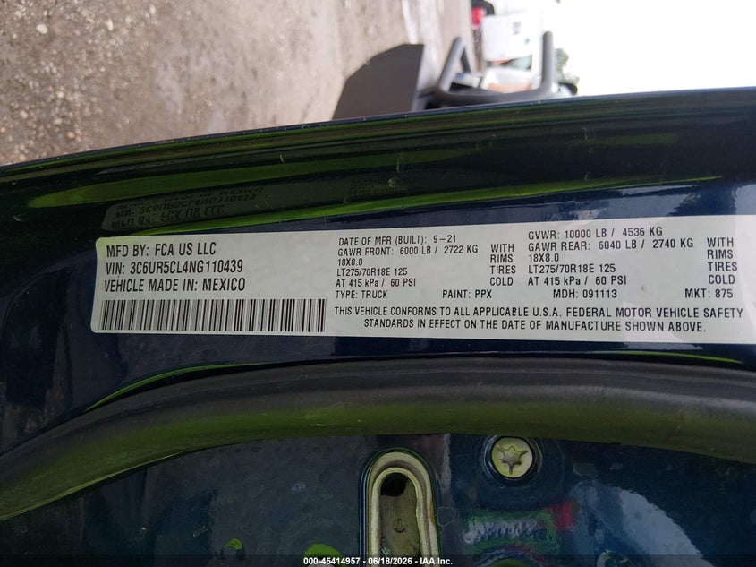 2022 Ram 2500 VIN 3C6UR5CL4NG110439 IAAI salvage auction — FRONT END, Salvage (Louisiana), sold $8,950 on 2026-07-20 (photo 9)