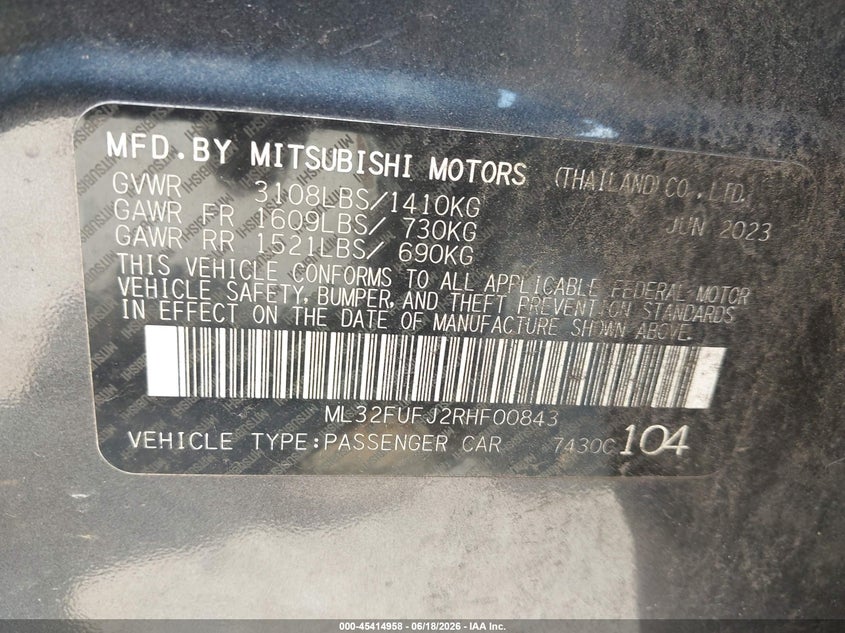 2024 Mitsubishi Mirage VIN ML32FUFJ2RHF00843 IAAI salvage auction — FRONT END, Salvage Title, sold $1,000 on 2026-07-25 (photo 9)