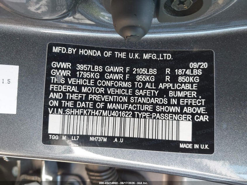 2021 Honda Civic VIN SHHFK7H47MU401622 IAAI salvage auction — LEFT FRONT, Salvage Title, sold $5,025 on 2026-07-20 (photo 9)