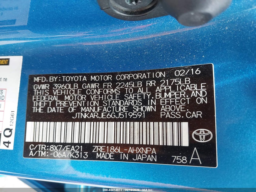 2016 Scion Im VIN JTNKARJE6GJ519591 IAAI salvage auction — FRONT END, Salvage Title, sold $1,550 on 2026-07-22 (photo 9)