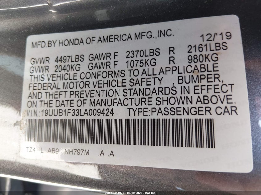 2020 Acura Tlx VIN 19UUB1F33LA009424 IAAI salvage auction — REAR END, Salvage Title, sold $7,825 on 2026-07-31 (photo 9)
