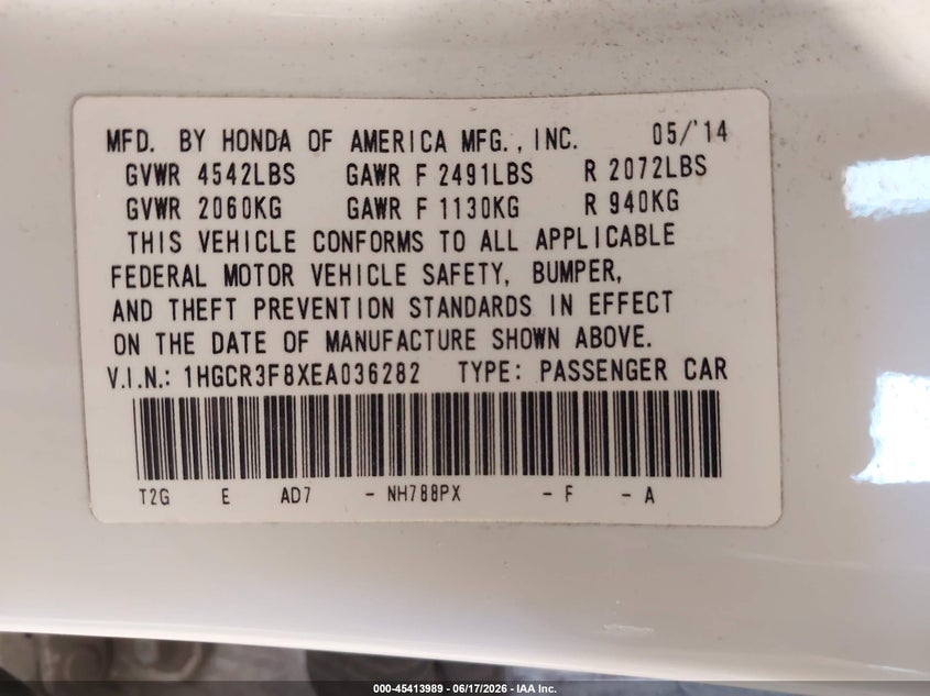 2014 Honda Accord VIN 1HGCR3F8XEA036282 IAAI salvage auction — UNKNOWN, Salvage (Utah), sold $1,250 on 2026-07-10 (photo 9)
