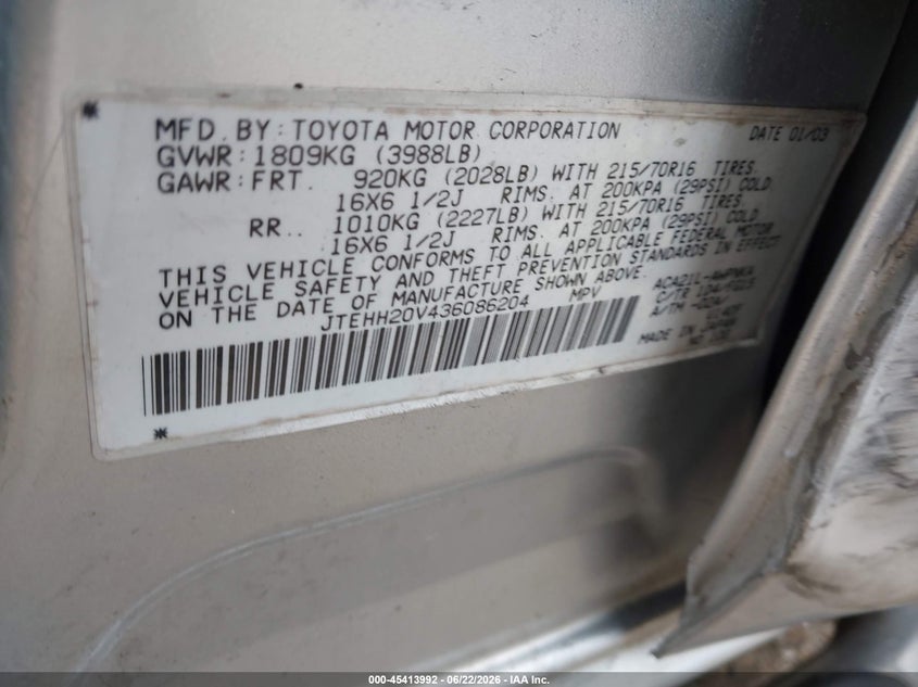 2003 Toyota Rav4 VIN JTEHH20V436086204 IAAI salvage auction — FRONT END, Mv-907A (New York), sold $600 on 2026-07-14 (photo 9)