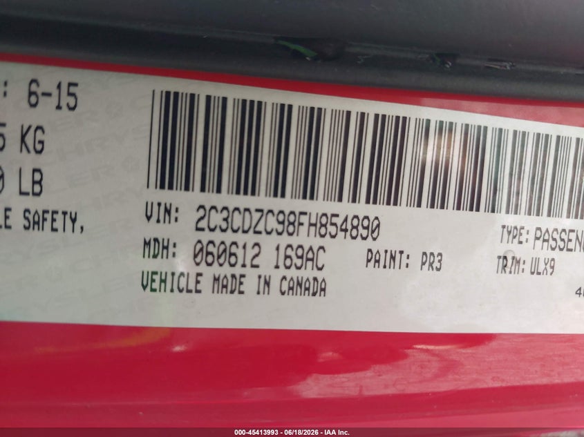 2015 Dodge Challenger VIN 2C3CDZC98FH854890 IAAI salvage auction — UNDERCARRIAGE, Salvage Title, sold $18,100 on 2026-07-24 (photo 9)