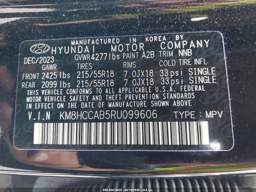 2024 Hyundai Kona VIN KM8HCCAB5RU099606 IAAI salvage auction — FRONT END, Salvage Title, sold $6,700 on 2026-07-10 (photo 9)