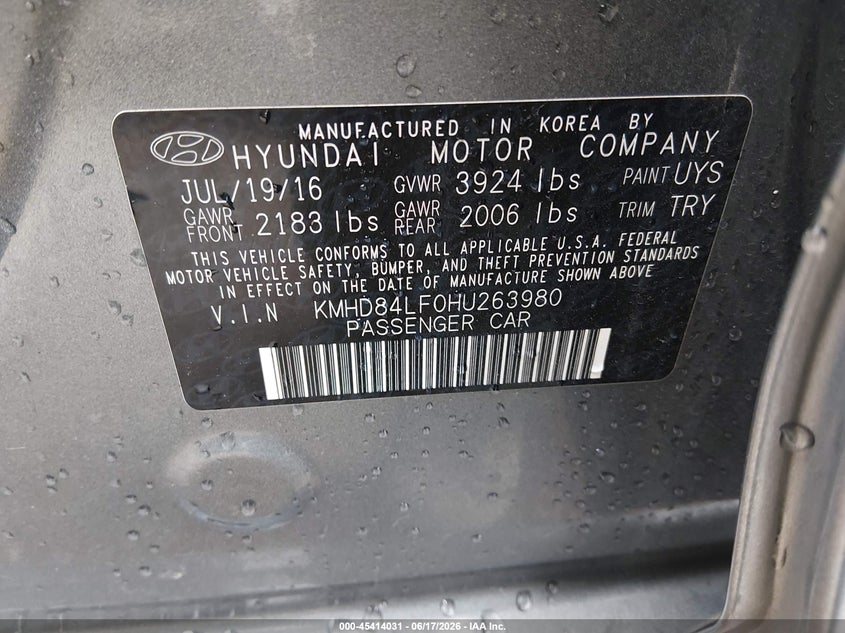 2017 Hyundai Elantra VIN KMHD84LF0HU263980 IAAI salvage auction — FRONT END, Clear (Indiana), sold $1,300 on 2026-07-18 (photo 9)