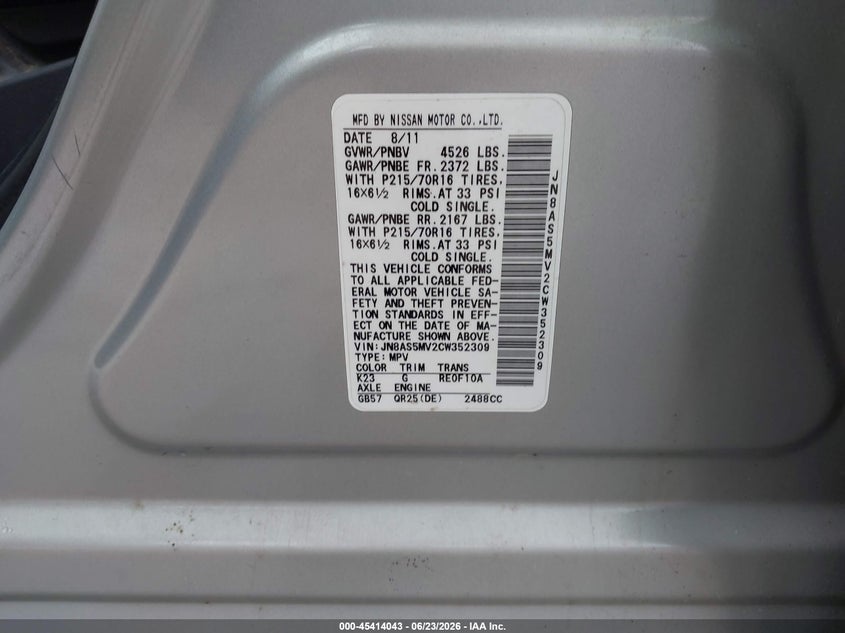2012 Nissan Rogue sport VIN JN8AS5MV2CW352309 IAAI salvage auction — NORMAL WEAR, Original (New Hampshire), sold $600 on 2026-07-15 (photo 9)