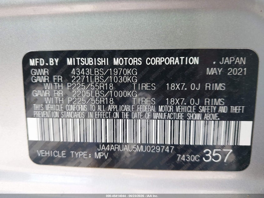 2021 Mitsubishi VIN JA4ARUAU5MU029747 IAAI salvage auction — FRONT END, Salvage (Missouri), sold $2,850 on 2026-07-28 (photo 9)