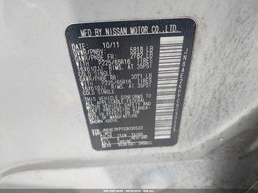 2012 Nissan Quest VIN JN8AE2KP7C9030533 IAAI salvage auction — NORMAL WEAR, Clear (South Carolina), sold $550 on 2026-07-29 (photo 9)