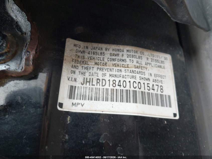 2001 Honda Cr-v VIN JHLRD18401C015478 IAAI salvage auction — NORMAL WEAR, Clear-Dealer Only (Washington), sold $275 on 2026-07-09 (photo 9)