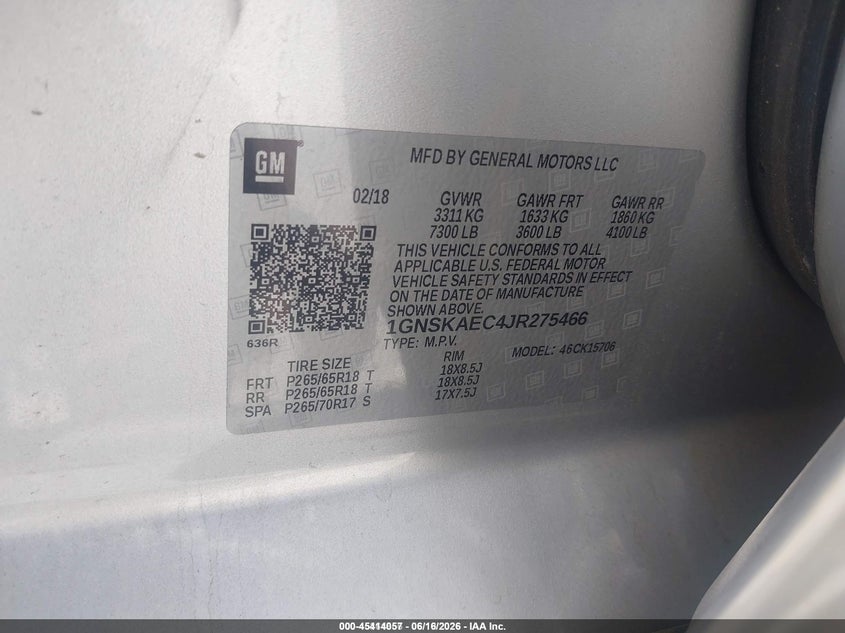 2018 Chevrolet Tahoe VIN 1GNSKAEC4JR275466 IAAI salvage auction — FRONT END, Sf97 (California), sold $16,700 on 2026-07-28 (photo 9)