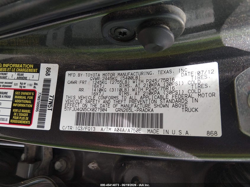 2012 Toyota Tacoma VIN 5TFJU4GN5CX027904 IAAI salvage auction — FRONT END, Salvage Title, sold $5,200 on 2026-08-02 (photo 9)