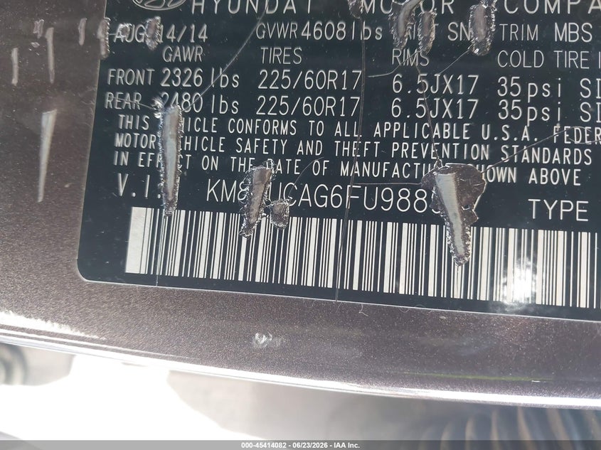 2015 Hyundai Tucson VIN KM8JUCAG6FU988937 IAAI salvage auction — RIGHT SIDE, Salvage Title, sold $25 on 2026-07-28 (photo 9)