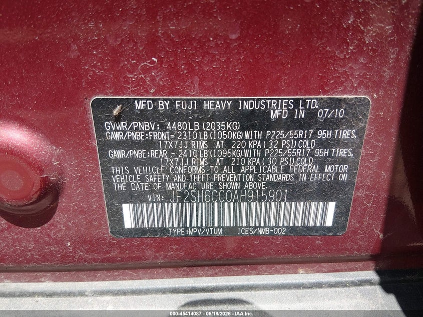 2010 Subaru Forester VIN JF2SH6CC0AH915901 IAAI salvage auction — NORMAL WEAR, Original (Ohio), sold $1,850 on 2026-07-14 (photo 9)