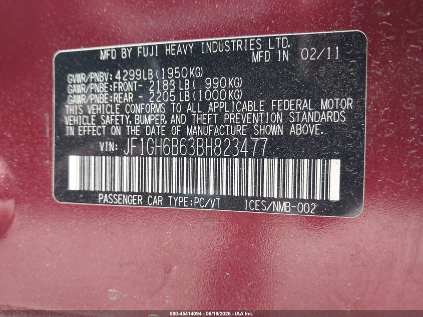 2011 Subaru Impreza VIN JF1GH6B63BH823477 IAAI salvage auction — FRONT END, Clear (Massachusetts), sold $400 on 2026-07-17 (photo 9)