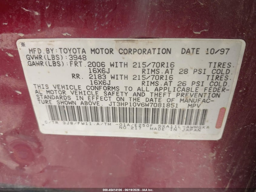 1998 Toyota Rav4 VIN JT3HP10V6W7081851 IAAI salvage auction — RIGHT FRONT, Clear (Montana), sold $300 on 2026-07-17 (photo 9)