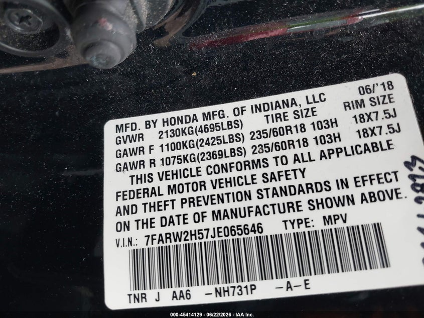 2018 Honda Cr-v VIN 7FARW2H57JE065646 IAAI salvage auction — FRONT & REAR, Clear (Indiana), sold $7,700 on 2026-07-11 (photo 9)