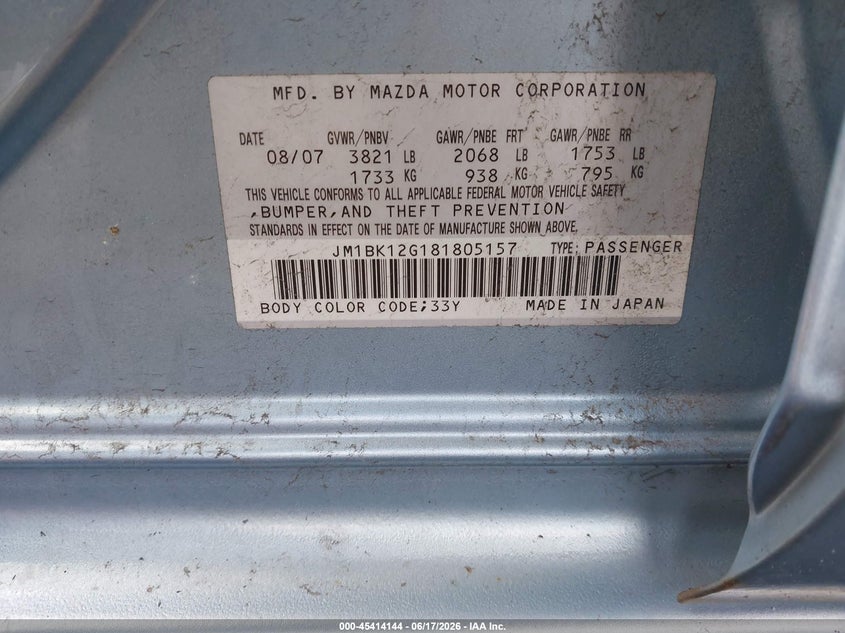 2008 Mazda 3 VIN JM1BK12G181805157 IAAI salvage auction — FRONT END, Salvage (Delaware), sold $25 on 2026-07-20 (photo 9)