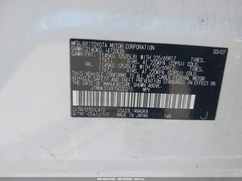 2007 Toyota Rav4 VIN JTMBK31VX75030215 IAAI salvage auction — THEFT, Salvage (California), sold $775 on 2026-07-29 (photo 9)