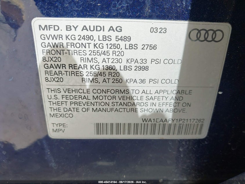 2023 Audi Q5 VIN WA1EAAFY1P2117262 IAAI salvage auction — WATER/FLOOD, Salvage (Texas), sold $14,850 on 2026-07-09 (photo 9)