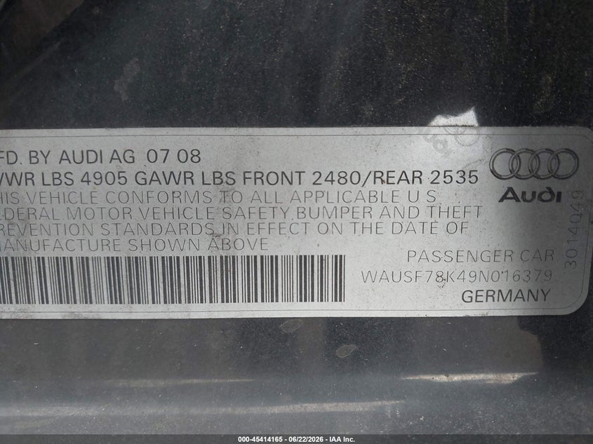 2009 Audi A4 VIN WAUSF78K49N016379 IAAI salvage auction — NORMAL WEAR, Clear (New Jersey), sold $425 on 2026-07-23 (photo 9)