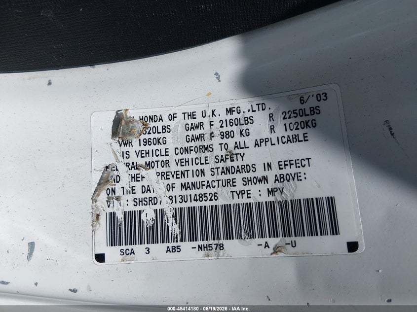 2003 Honda Cr-v VIN SHSRD78813U148526 IAAI salvage auction — ROLLOVER, Mv-907A (New York), sold $25 on 2026-07-30 (photo 9)