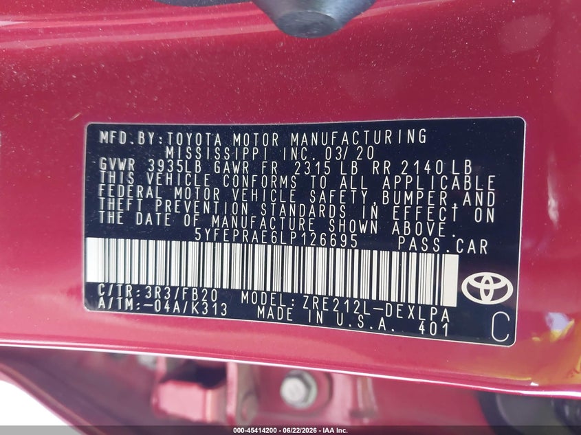 2020 Toyota Corolla VIN 5YFEPRAE6LP126695 IAAI salvage auction — FRONT END, Salvage Title, sold $925 on 2026-07-21 (photo 9)