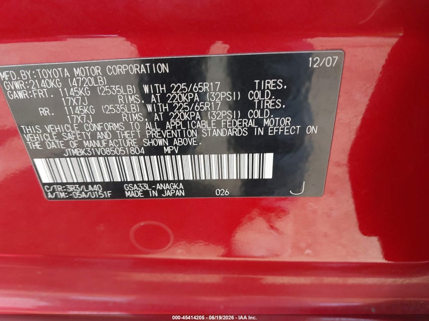 2008 Toyota Rav4 VIN JTMBK31V085051804 IAAI salvage auction — FRONT & REAR, Bill Of Sale (Washington), sold $1,500 on 2026-07-07 (photo 9)