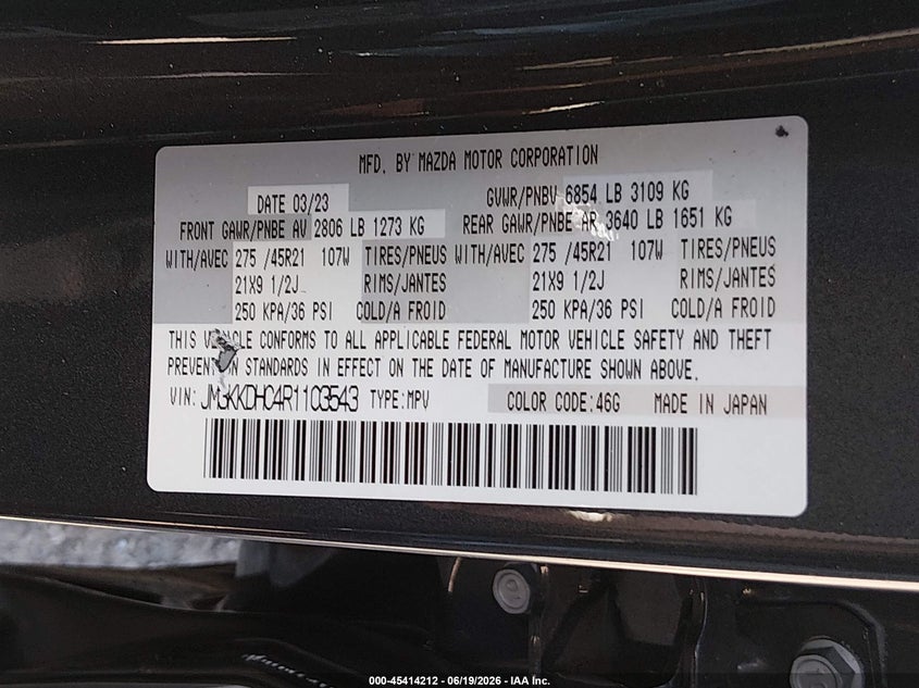 2024 Mazda Cx-90 VIN JM3KKDHC4R1103543 IAAI salvage auction — SIDE, Bill Of Sale (Washington), sold $9,450 on 2026-07-20 (photo 9)