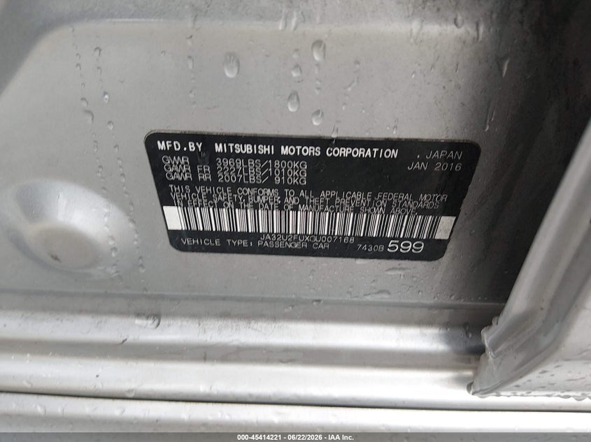 2016 Mitsubishi Lancer VIN JA32U2FUXGU007168 IAAI salvage auction — NORMAL WEAR, Clear (Florida), sold $1,000 on 2026-07-31 (photo 9)