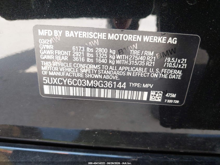 2021 BMW X6 VIN 5UXCY6C03M9G36144 IAAI salvage auction — WATER/FLOOD, Salvage Title, sold $18,600 on 2026-07-30 (photo 9)