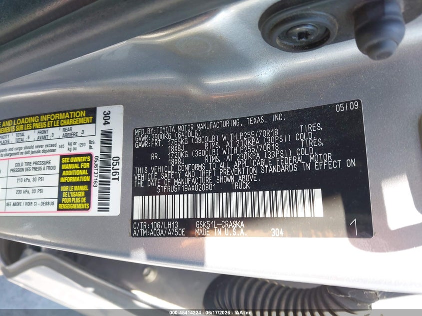 2010 Toyota Tundra VIN 5TFRU5F19AX020801 IAAI salvage auction — THEFT, Salvage (California), sold $4,900 on 2026-07-30 (photo 9)