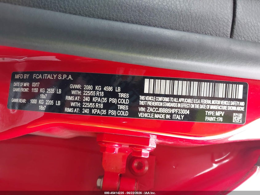 2017 Jeep Renegade VIN ZACCJBBB5HPF33004 IAAI salvage auction — REAR END, Salvage (Ohio), sold $1,150 on 2026-07-08 (photo 9)