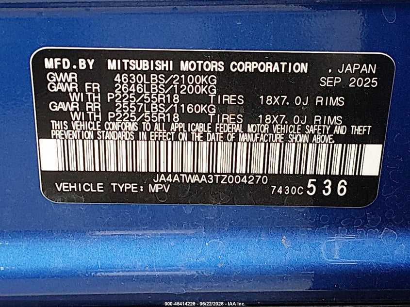 2026 Mitsubishi Eclipse cross VIN JA4ATWAA3TZ004270 IAAI salvage auction — FRONT END, Enterprise Vehicles Clear Only (Florida), sold $13,450 on 2026-07-09 (photo 9)
