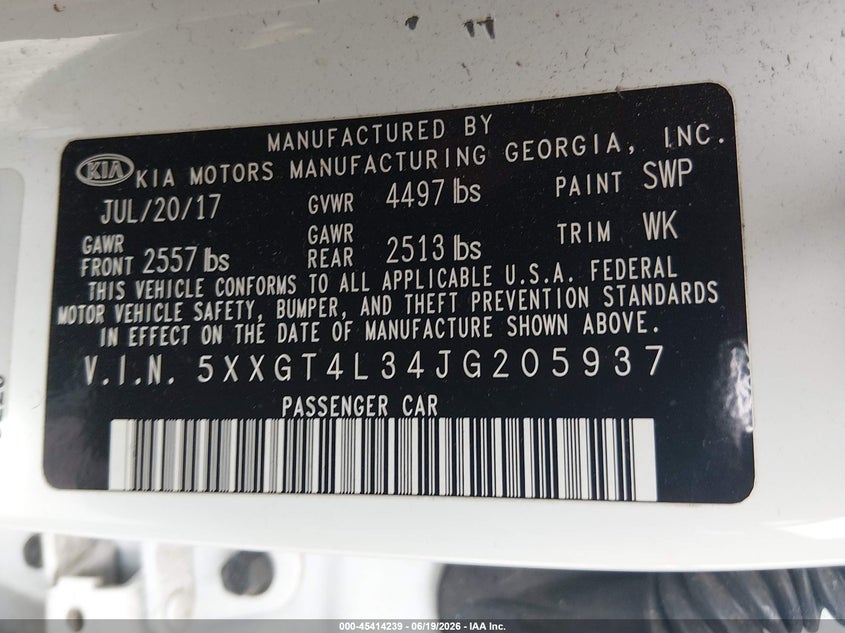 2018 Kia Optima VIN 5XXGT4L34JG205937 IAAI salvage auction — NORMAL WEAR, Clear (Pennsylvania), sold $925 on 2026-07-17 (photo 9)
