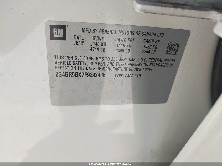2015 Buick Regal VIN 2G4GR5GX7F9292406 IAAI salvage auction — FRONT END, Salvage Title, sold $825 on 2026-08-22 (photo 9)