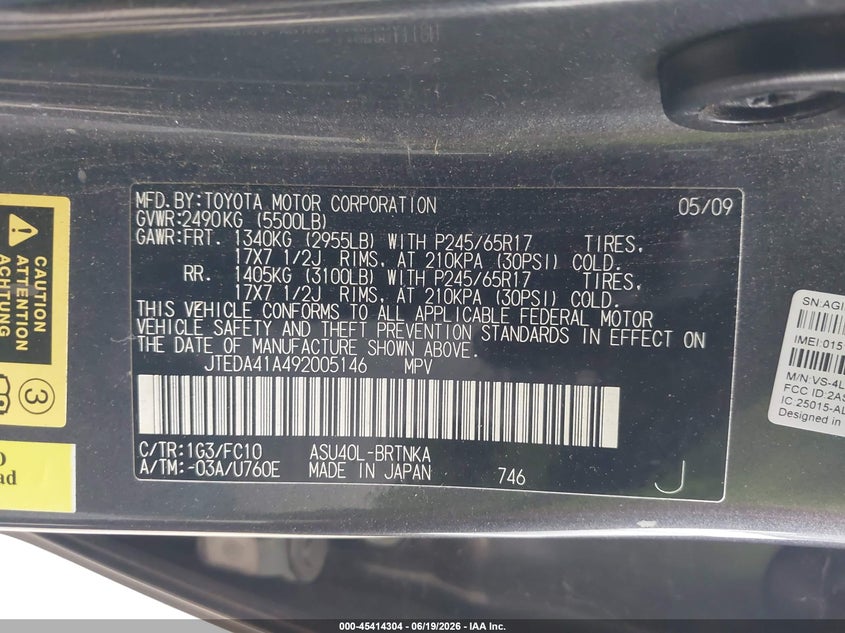2009 Toyota Highlander VIN JTEDA41A492005146 IAAI salvage auction — NORMAL WEAR, Original (Texas), sold $2,000 on 2026-07-13 (photo 9)