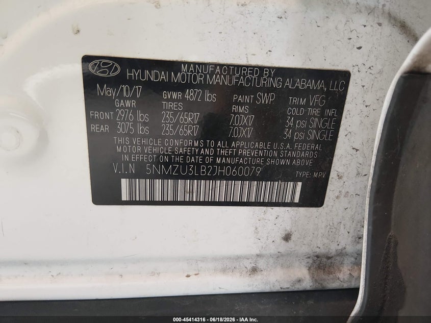 2018 Hyundai Santa fe VIN 5NMZU3LB2JH060079 IAAI salvage auction — FRONT END, Clear (Tennessee), sold $1,950 on 2026-07-23 (photo 9)