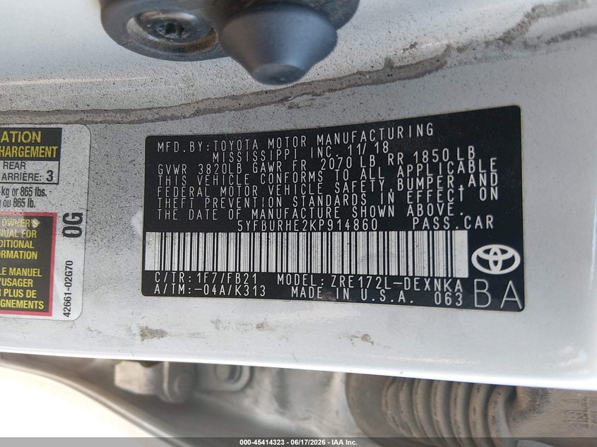 2019 Toyota Corolla VIN 5YFBURHE2KP914860 IAAI salvage auction — Burn Interior, Salvage Title, sold $2,150 on 2026-07-22 (photo 9)
