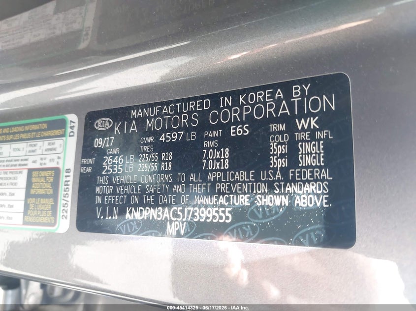 2018 Kia Sportage VIN KNDPN3AC5J7399555 IAAI salvage auction — RIGHT SIDE, Salvage Title, sold $3,100 on 2026-07-31 (photo 9)