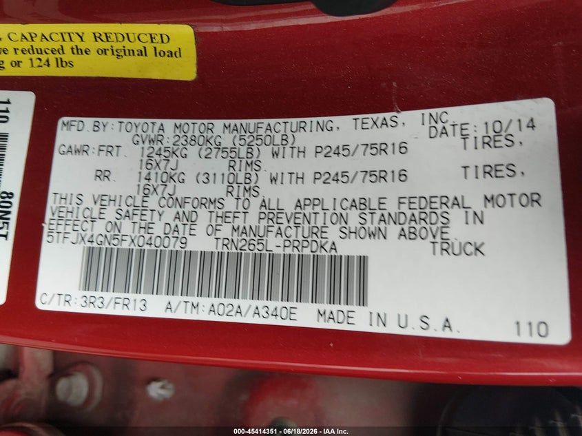 2015 Toyota Tacoma VIN 5TFJX4GN5FX040079 IAAI salvage auction — FRONT END, Salvage Title, sold $6,300 on 2026-07-13 (photo 9)