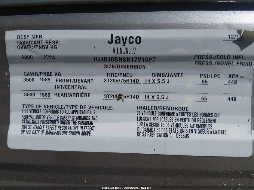 2019 Jayco Other VIN 1UJBJ0BN8K17V1097 IAAI salvage auction — UNKNOWN, Salvage (Illinois), sold $4,150 on 2026-09-08 (photo 9)