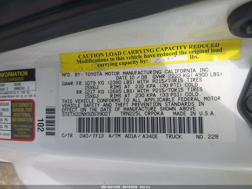 2009 Toyota Tacoma VIN 5TETX22NX9Z639027 IAAI salvage auction — FRONT END, Salvage (Texas), sold $4,350 on 2026-07-08 (photo 9)